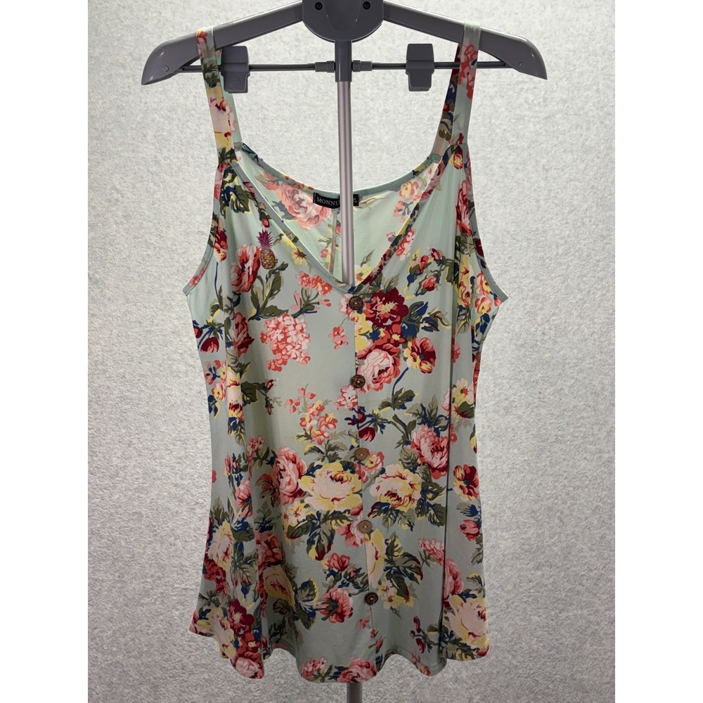 Monnuro Womens 2X Floral Cami Tank Top Mint Green V-Neck Button Front Sleeveless